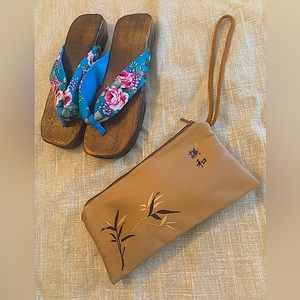 New JPN. Well made Wood&Fabric Geta Slippers sz7 & embroidered wristlet purse